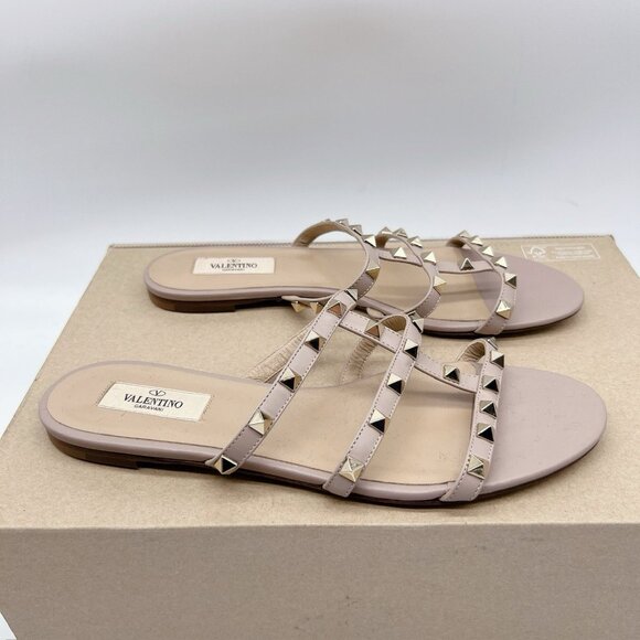 Valentino Garavani Womens Rockstud Flat Slide Sandals P45 Poudre Leather EU 39 - Picture 3 of 11